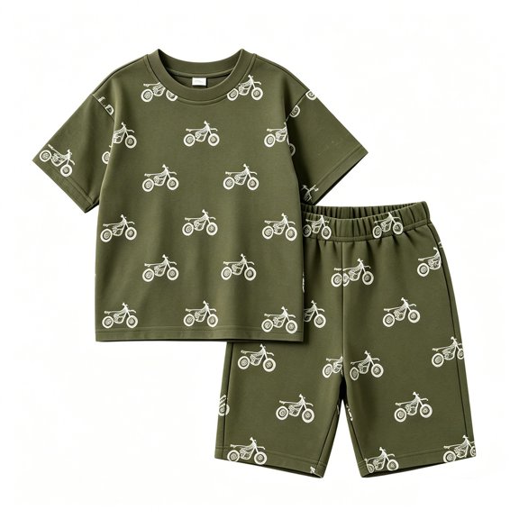 VNKIDY Boys Kids Summer Two Piece Outfit With Round Neck Short Sleeve Motorcycle Print T Shirt Elastic Waist Shorts For Casual Play Leisure Set