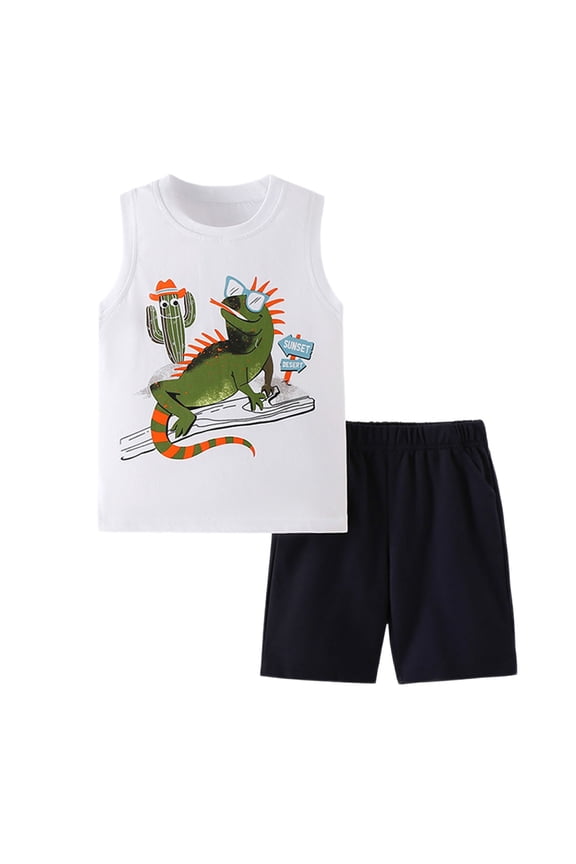 Boys Kids Two Piece Outfit Set Cartoon Lizard Print Sleeveless Crewneck Tank Top Solid Color Shorts Casual Summer Set For Daily Wear White 3Y
