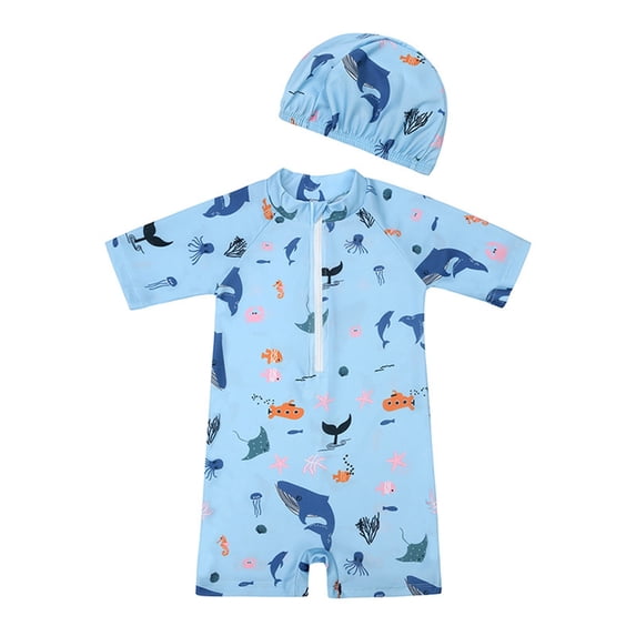 VNKIDY Boys Kids Two Piece Rash Guard Swim Set With Half High Neck Short Sleeve Half Zip Dinosaur Print One Piece Matching Swim Cap For Summer Beach Pool Activities Sky Blue 1-2Years