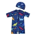 thumbnail image 1 of VNKIDY Boys Kids Two Piece Rash Guard Swim Set With Half High Neck Short Sleeve Half Zip Dinosaur Print One Piece Matching Swim Cap For Summer Beach Pool Activities Navy 1-2Years, 1 of 3