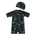 thumbnail image 1 of VNKIDY Boys Kids Two Piece Rash Guard Swim Set With Half High Neck Short Sleeve Half Zip Dinosaur Print One Piece Matching Swim Cap For Summer Beach Pool Activities Black 2-3Years, 1 of 3