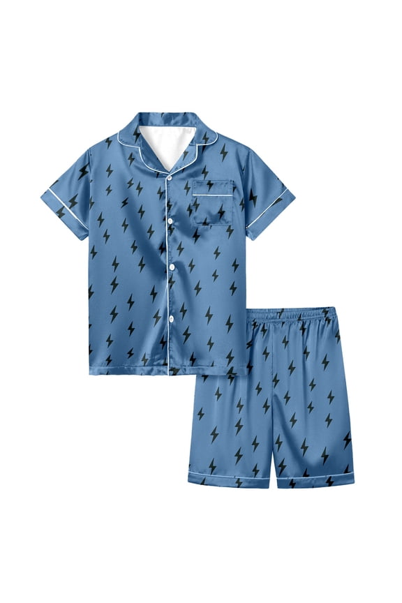 Boys Kids Two Piece Summer Homewear Set With Lightning Print Notch Collar Short Sleeve Shirt Elastic Waist Shorts For Home Relaxation Casual Set