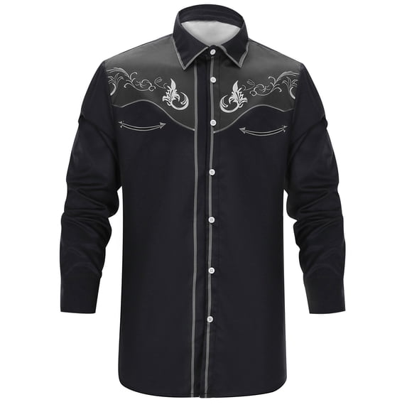 VNKIDY Boys Kids Western Style Embroidered Shirt Long Sleeve Button Down Floral Embroidery Cowboy Shirt For Casual Party Wear Black 10-11 Years