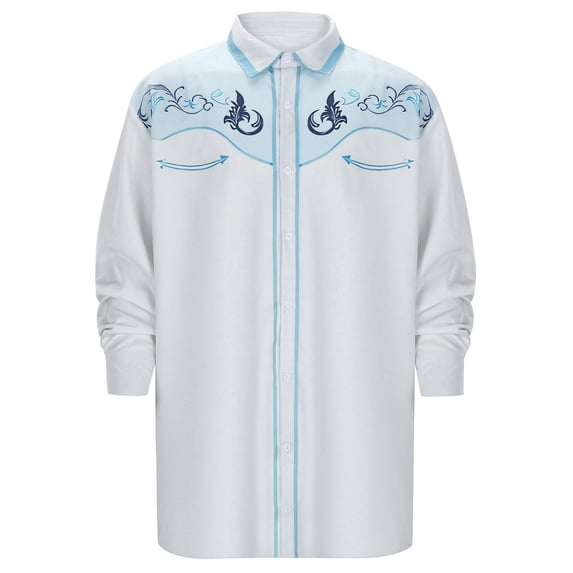 VNKIDY Boys Kids Western Style Embroidered Shirt Long Sleeve Button Down Floral Embroidery Cowboy Shirt For Casual Party Wear White 8-9 Years