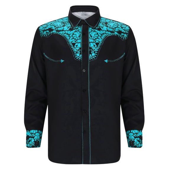 VNKIDY Boys Kids Western Style Floral Print Shirt Long Sleeve Button Down Color Block Cowboy Shirt For Casual Holiday Party Wear Blue 6-7 Years