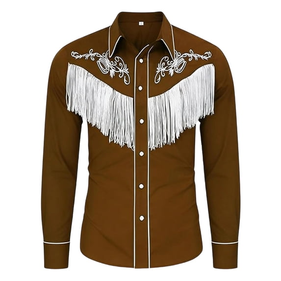 VNKIDY Boys Kids Western Style Fringed Embroidered Shirt Long Sleeve Button Down Floral Embroidery Contrast Piping Cowboy Shirt For Party Casual Wear Brown 8-9 Years