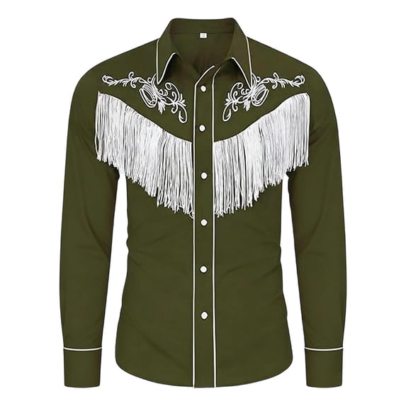 VNKIDY Boys Kids Western Style Fringed Embroidered Shirt Long Sleeve Button Down Floral Embroidery Contrast Piping Cowboy Shirt For Party Casual Wear Green 12-13 Years
