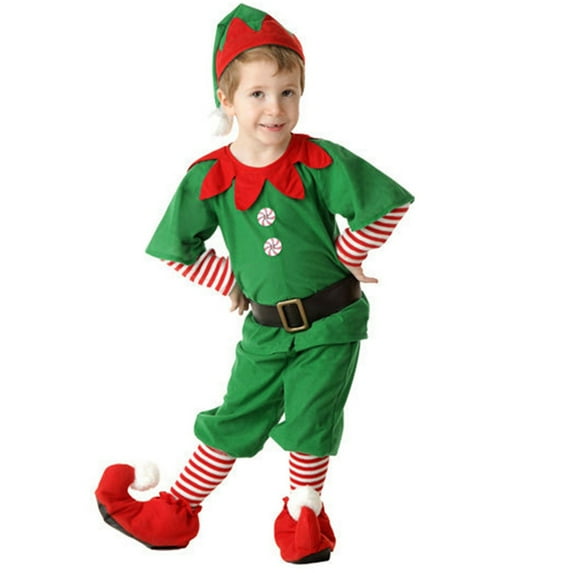VNKIDY Boys Outfit Christmas Kids Elf Fancy Dress Set Green Short Sleeve Top With Red Collar Striped Arm Leg Warmers Red Pointed Shoes Elf Hat For Party Christmas Celebration Cute Sets
