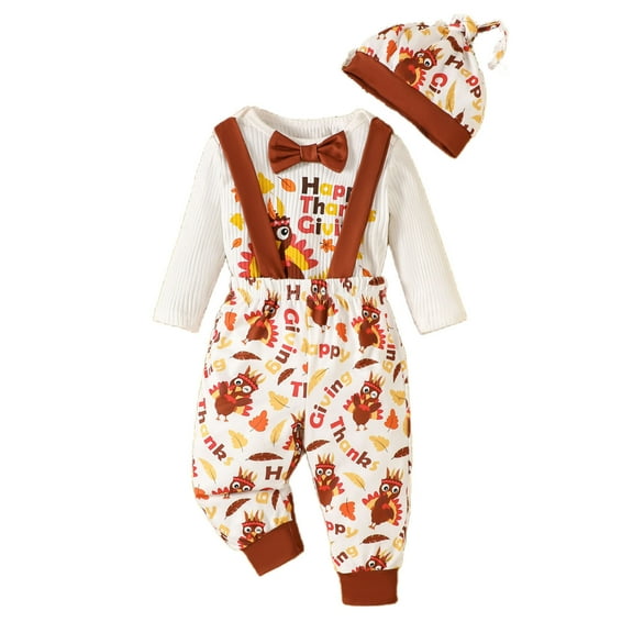 VNKIDY Boys Outfits Baby Thanksgiving Outfit Set With Long Sleeve Crewneck Turkey Print Bodysuit Suspender Pants Matching Patterned Beanie For Holiday Celebration Relaxed Fit Sets