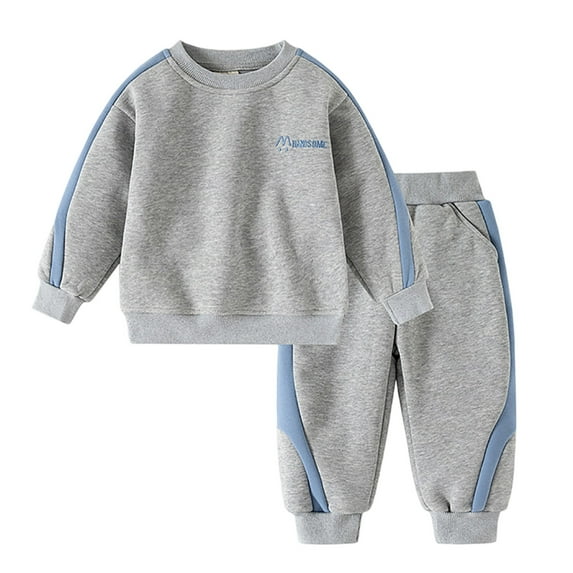 VNKIDY Boys Outfits Kids Children Plush Thermal 2 Piece Tracksuit Long Sleeve Crewneck Top Elastic Waisted Loose Fit Pants Athletic Set Stylish Outfits