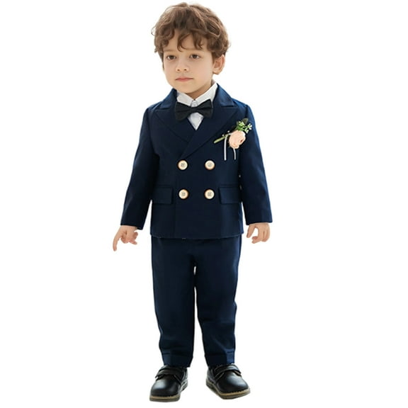 VNKIDY Boys Outfits Toddler Kids Formal Suit Set Double Button Long Sleeve Lapel Blazer With Bow Tie Matching Pants For Special Occasions Cozy Outfits
