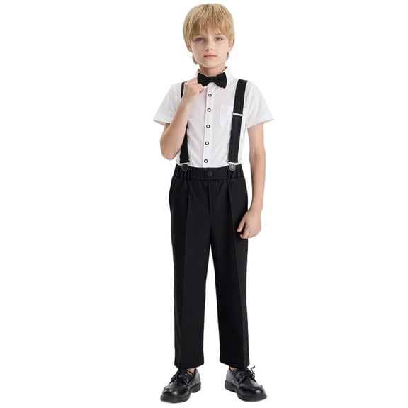 VNKIDY Boys Set Short Sleeve Lapel Shirt Suspenders Pants Outfit Set Kids School Formal Casual Wear Childrens Dress For Daily Spring Summer Fall Classic Sets