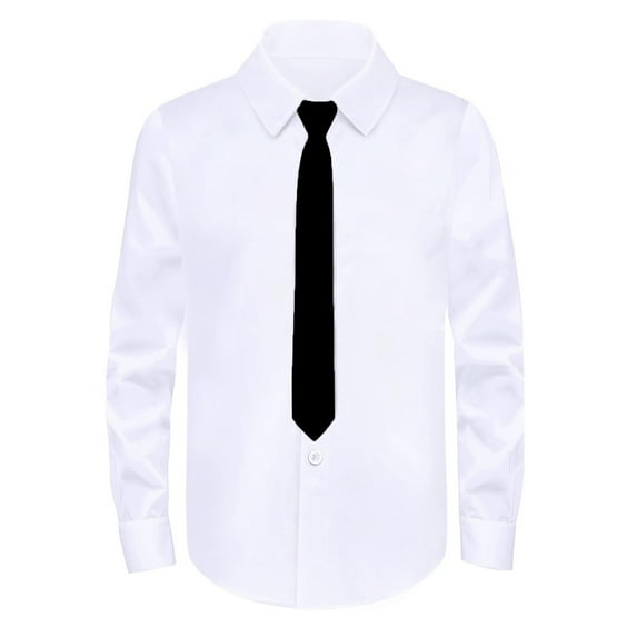 VNKIDY Boys Shirt White Long Sleeve Button Down Shirt With Black Tie Collar Casual Fit Formal Top For Kids Youth School Party Wear Leisure Top
