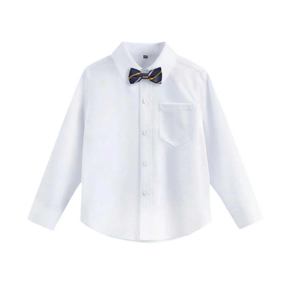 VNKIDY Boys Shirt White Long Sleeve Button Down Shirt With Black Bow Tie Collar Bust Pocket Casual Fit Formal Top For Kids Youth School Party Wear Fashionable Top
