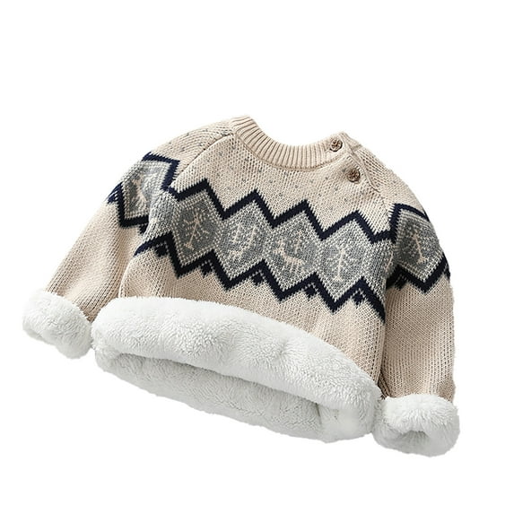 VNKIDY Boys Sweaters Toddler Kids Plush Interior Vintage Style Knitted Sweater Long Sleeve Crewneck Warm Jumper With Cartoon Pattern For Baby Casual Daily Winter Wear Stylish Knitwear