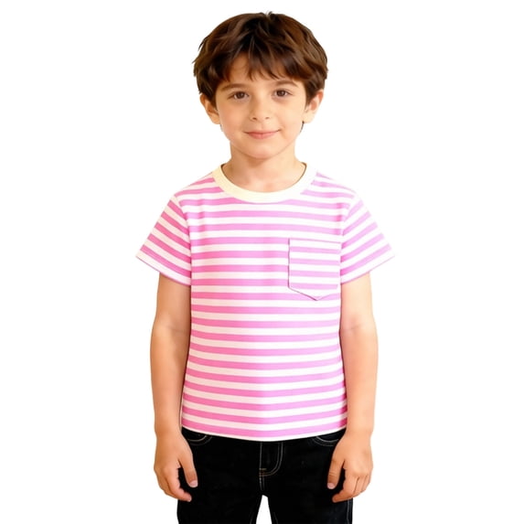 VNKIDY Boys TShirts Kids Color Block Striped Short Sleeve Tees Crew Neck Top With Bust Pocket For Casual Daily Wear Lovely Top Pink 13-14 Years
