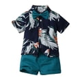 thumbnail image 1 of VNKIDY Boys Toddler 2 Piece Casual Outfit Short Sleeve Button Down Casual Fashion Print Shirt With Bow Tie Matching Solid Color Shorts For Summer Casual Wear Blue 6-9 Months, 1 of 6