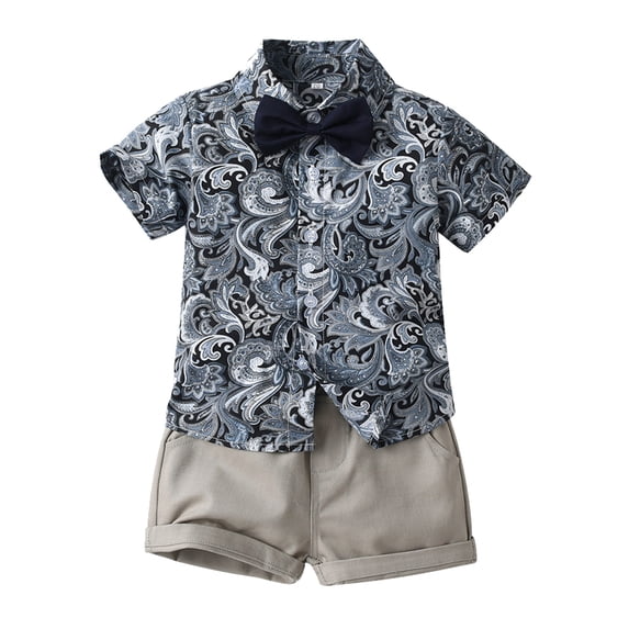 VNKIDY Boys Toddler 2 Piece Casual Outfit Short Sleeve Button Down Casual Fashion Print Shirt With Bow Tie Matching Solid Color Shorts For Summer Casual Wear Gray 5-6 Years