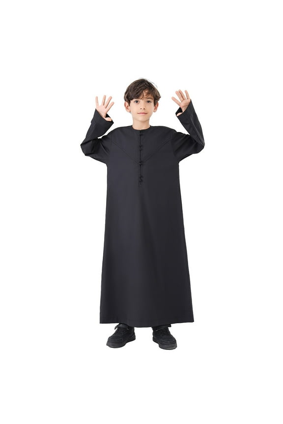 Boys Tunic Top Solid Color Long Sleeve Thobe With Mandarin Collar Button Placket Traditional Casual Fit Robe For Kids Youth Daily Wear Cozy Top