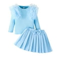 thumbnail image 1 of VNKIDY Child Girl Long Sleeve T-Shirts O-Neck Tops Solid Color Bowknot Skirt Two Pieces Outfits Sets Stylish, 1 of 9