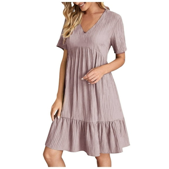 VNKIDY Classic Women Dresses Casual Dresses Fashion Solid Color Button V-Neck Short Sleeve Shirt Dress Summer Autumn