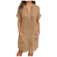 thumbnail image 1 of VNKIDY Classic Women Dresses Casual V-Neck Dress With Pockets And Buttons Comfortable Everyday Summer Fall Dress Flowy Relaxed Fit Solid Color, 1 of 6