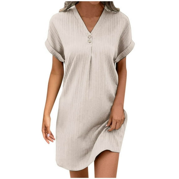 VNKIDY Classic Women Dresses V Neck Solid Color Pullover Comfortable Casual Button Down Dress Summer Autumn