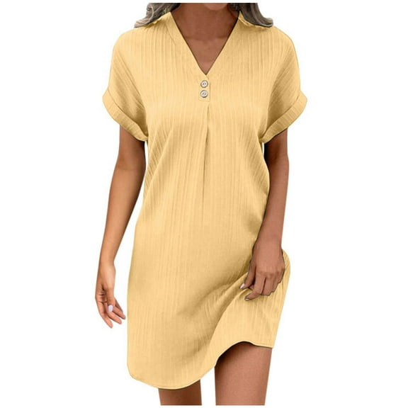 VNKIDY Classic Women Dresses V Neck Solid Color Pullover Comfortable Casual Button Down Dress Summer Autumn
