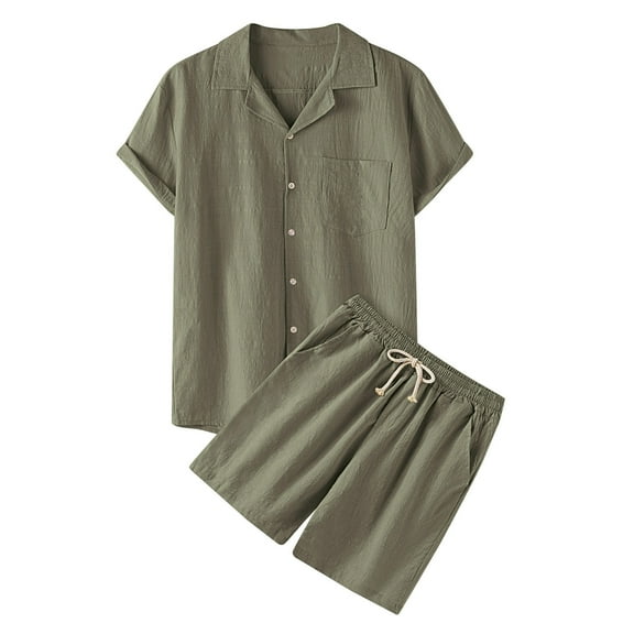 VNKIDY Comfortable Men Shorts Mens Casual Spring Solid Color Short Sleeve Turndown Tops Shorts Suit Summer Autumn