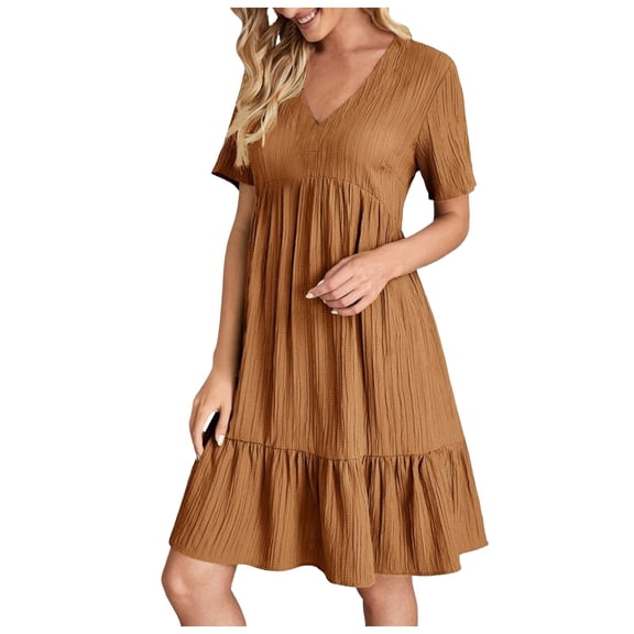 VNKIDY Comfortable Women Dresses Casual Dresses Fashion Solid Color Button V-Neck Short Sleeve Shirt Dress Summer Autumn