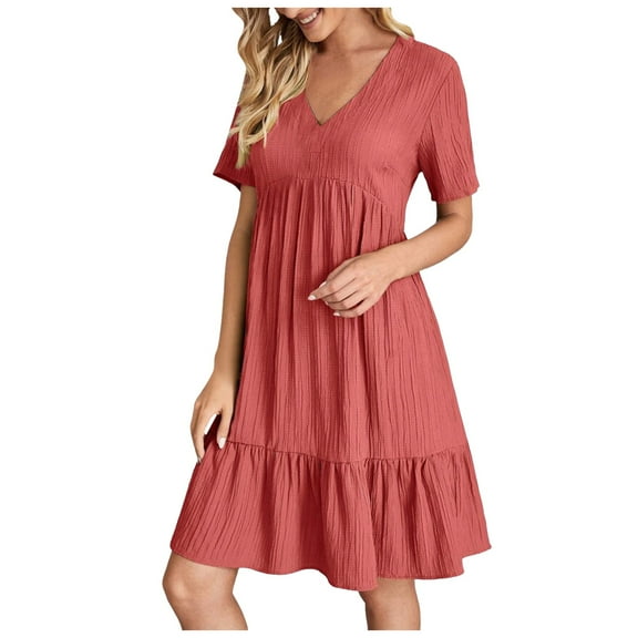 VNKIDY Comfortable Women Dresses Casual Dresses Fashion Solid Color Button V-Neck Short Sleeve Shirt Dress Summer Autumn