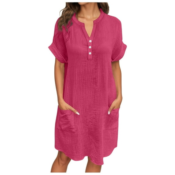 VNKIDY Comfortable Women Dresses Casual V-Neck Dress With Pockets And Buttons Comfortable Everyday Summer Fall Dress Flowy Relaxed Fit Solid Color