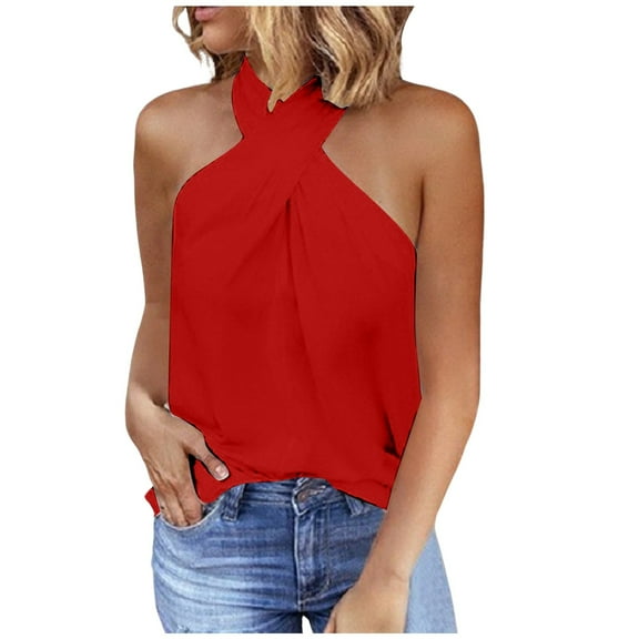 VNKIDY Comfortable Women Vest Tops Women Fashion Solid Color Sleeveless Halter Neck Vest Tops Summer Autumn