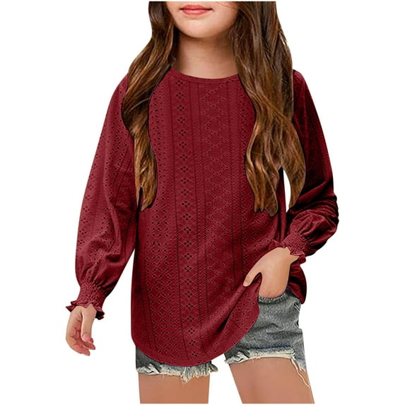 VNKIDY Girl's Long Sleeve Tops Casual Loose Fit Round Neck Hollow Out Blouse Tee Shirt For Girls Comfortable Breathable Daily Wear Fashionable Top