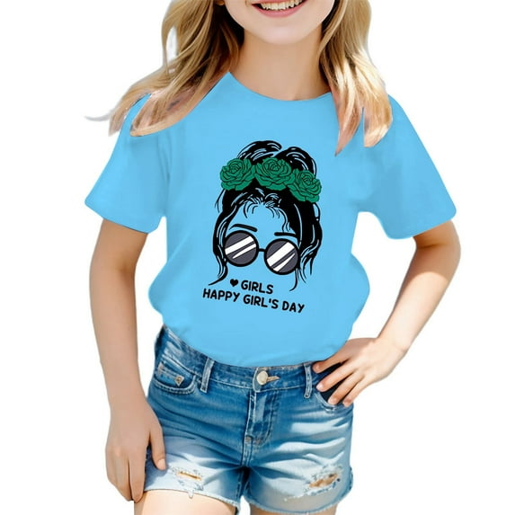 VNKIDY Girl's T-Shirt Kids Letter Girl Graphic Tees Short Sleeve Crewneck Loose Fit Tee Shirt For Casual Daily Outdoor Activities Cute Top
