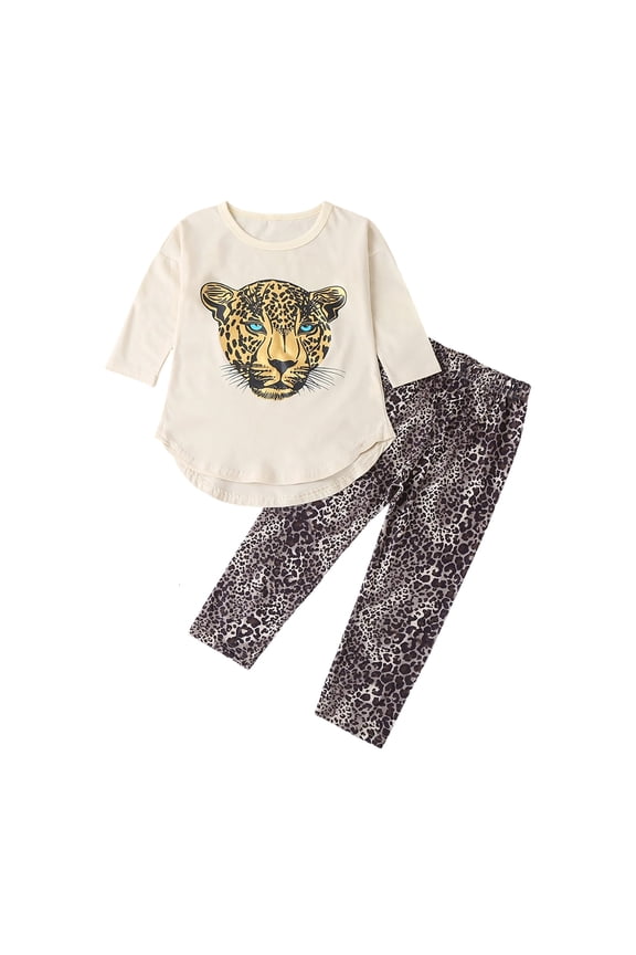 Girls 2 Piece Casual Outfit Kids Leopard Head Graphic Long Sleeve Crewneck TShirt With Leopard Leggings For Casual Daily Wear Stylish Set