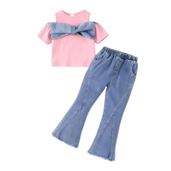 VNKIDY Girls 2 Piece Outfit Set Long Sleeve Crewneck Top With Large Bow Decor Matching Elastic Waisted Flared Denim Jeans For Casual Daily Wear Classic Set