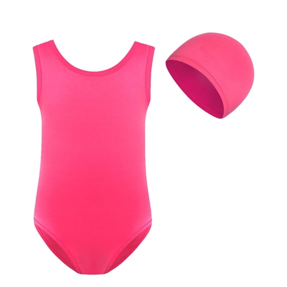 VNKIDY Girls 2 Piece Swimsuit Set Kids Solid Color One Piece Sleeveless Bathing Suit Matching Swim Cap For Beach Pool Summer Wear Soft Swimwear Hot Pink 9-10 Years