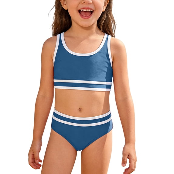 VNKIDY Girls 2 Piece Swimsuit Set Kids Spaghetti Strap Top High Waist Stretchy Breathable Swim Briefs For Summer Daily Beach Wear Cozy Swimwear Navy 9-10 Years