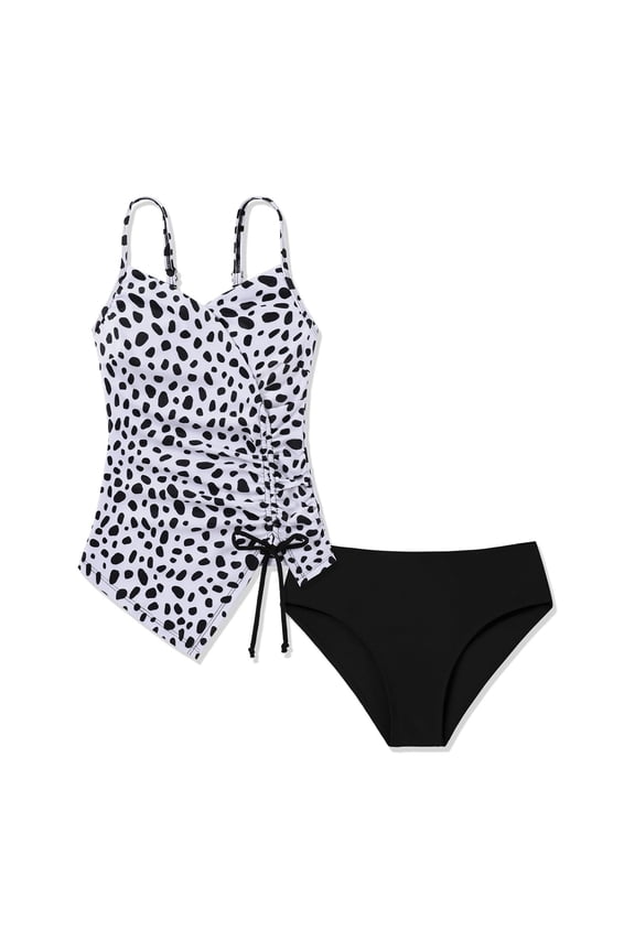 Girls 2 Piece Swimsuit SetKids Dalmatian Print Spaghetti Strap Ruched Side Drawstring Top Solid Black Bottom For Beach Pool Summer Wear Classic Swimwear Black 11-12 Years