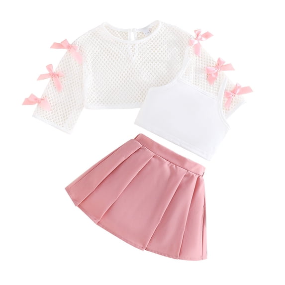 VNKIDY Girls 3 Piece Outfits Sets Fishnet Round Neck Long Sleeve Crop Tops Camisole And Pleated A-Line Mini Skirt Sets Cozy