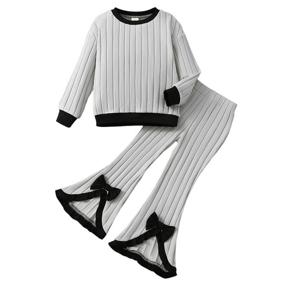 VNKIDY Girls Athletic Outfits Kids Children Ribbed Knit Sweatsuit Set Long Sleeve Top With Black Trim Flared Pants With Bow Accents Stylish For Casual Trendy Looks Fashionable Outfits