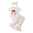 thumbnail image 1 of VNKIDY Girls Baby 2 Piece Outfit Bow Baseball Prints Short Sleeve Crewneck Romper Relaxed Fit Flared Pants With Bow Headband For Casual Daily Wear Cute Set, 1 of 7