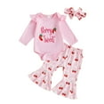 thumbnail image 1 of VNKIDY Girls Baby 3 Piece Outfit Strawberry Prints Ruffled Long Sleeve Romper Stretchy Flared Pants With Bow Headband For Casual Daily Wear Cute Set, 1 of 9