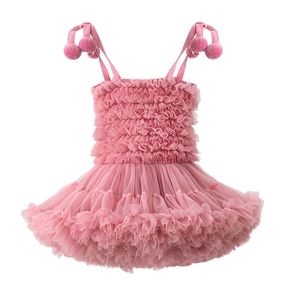 VNKIDY Girls Baby Gradient Ruffled Tulle Dress Spaghetti Strap Poms Decor Layered Tutu Dress For Birthday Party Daily Wear Red 2-3 Years