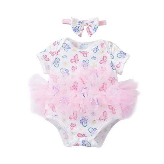 VNKIDY Girls Bodysuits Baby Girl Butterfly Print Short Sleeve Romper With Pink Tulle Skirt Matching Bow Headband Cute Onesie Outfit For Classic Onesie