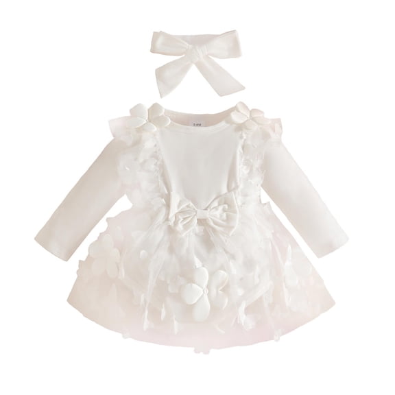 VNKIDY Girls Bodysuits Baby Girl White Floral Applique Romper Dress With Headband Long Sleeve Crewneck Tulle Bodysuit Outfit With Bow Decor For Infant Toddle Soft Onesie