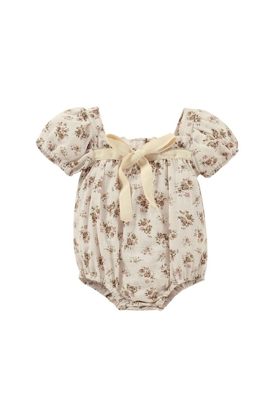 Girls Bodysuits Baby Newborn Vintage Floral Print Square Neck Romper With Puff Short Sleeves Bow Detail For Daily Wear Styling Stylish Onesie