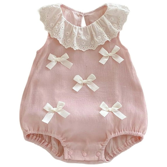 VNKIDY Girls Bodysuits Baby Summer Dress Little Girls Lace Crewneck Sleeveless Bow Pattern For Newborns Daily Wear Casual Onesie