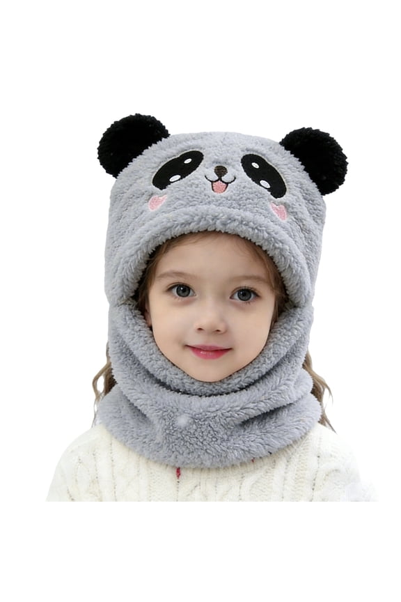 Girls Boys Earflap Hats Kids 2-in-1 Hood With Attached Scarf Plush Warm Pullover Hat For Winter Outdoor Daily Wear Grey